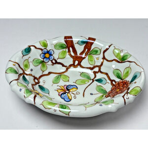 Sherle Wagner Italian Ceramic Chinoiserie Soap Dish Floral & Vine Butterfly Vtg